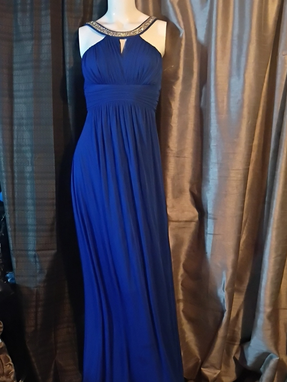 Beaded Halter Royal Blue Maxi Evening Dress